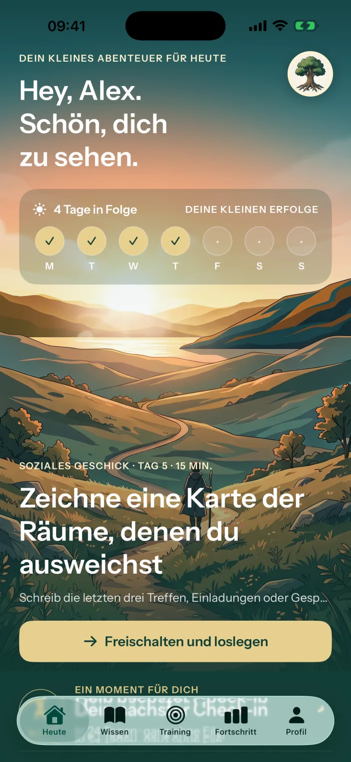 Der Home-Screen von Ethea mit der Aufgabe des Tages